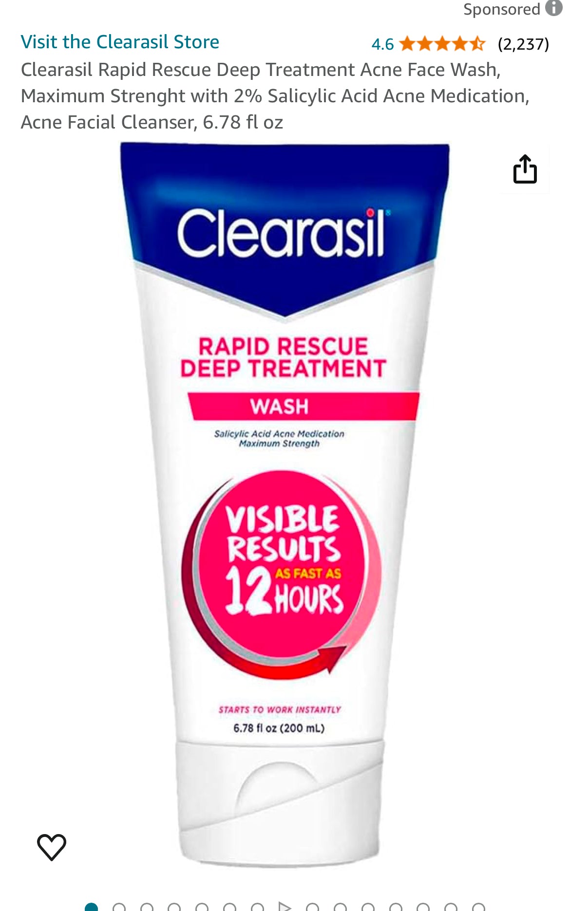 Clearasil Rapid Rescue Deep Treatment Acne Face Wash, Maximum Strenght with 2% Salicylic Acid Acne Medication, Acne Facial Cleanser, 6.78 fl oz