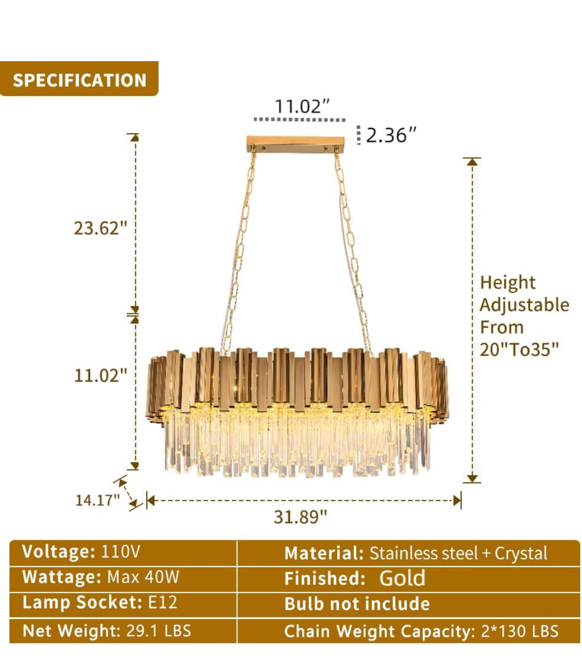 WABON Modern Crystal Chandeliers,Gold Luxury Pendant Ceiling Light Contemporary Crystal Chandeliers Fixture for Dining Living Room Kitchen Island Bedroom Foyer Hallway, Antique Gold New