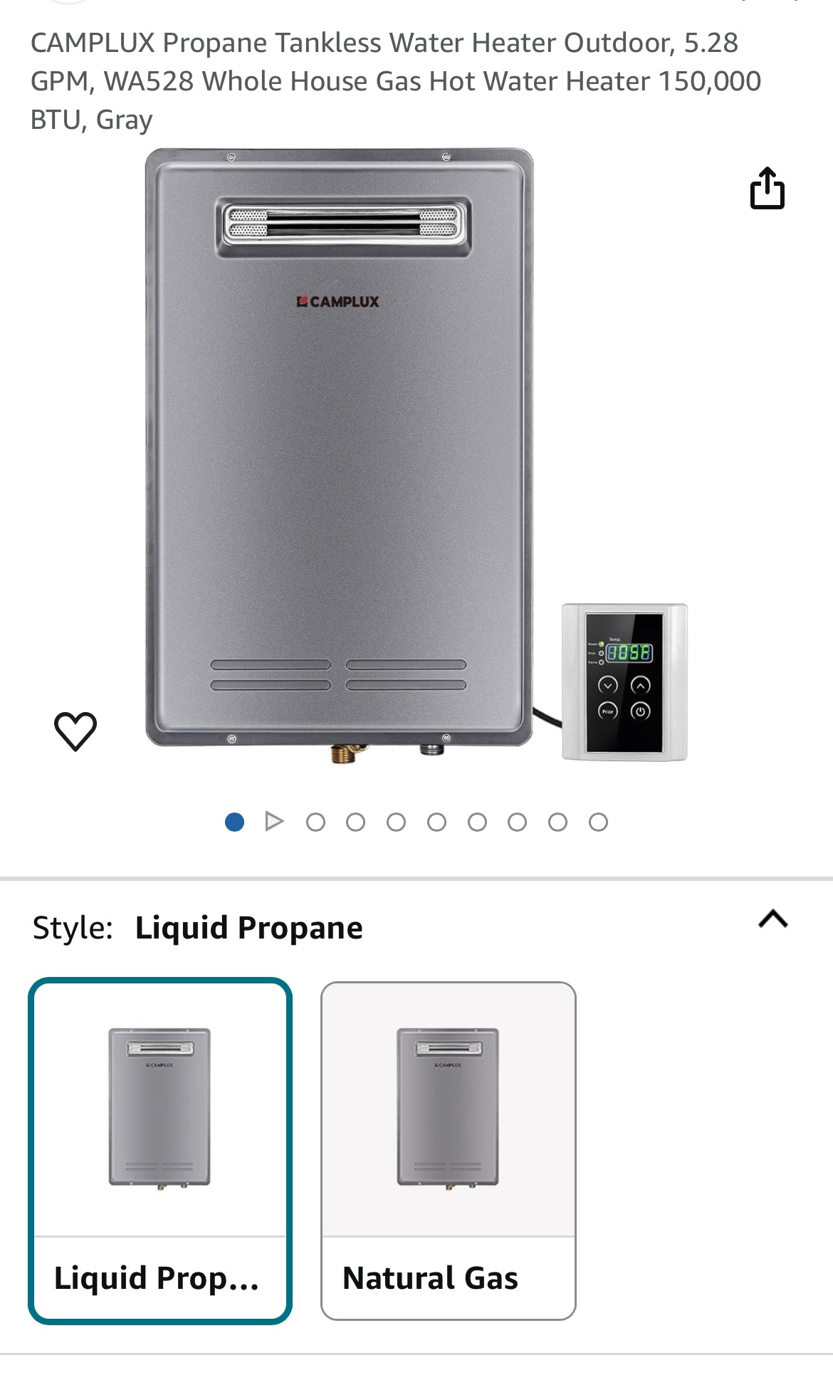 CAMPLUX Propane Tankless Water Heater Outdoor, 5.28 GPM, WA528 Whole House Gas Hot Water Heater 150,000 BTU, Gray