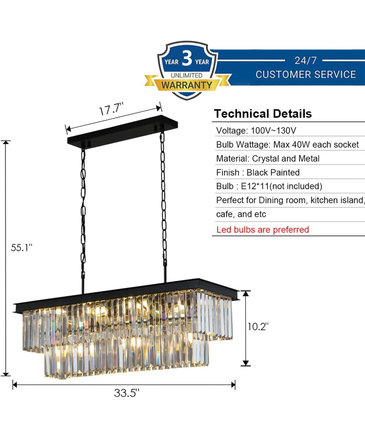 Crystal Chandeliers for Dining Room 11-Light Black Modern Chandelier Rectangle Contemporary Pendant Light Fixture for Kitchen Island Bar L33.5 Inch New