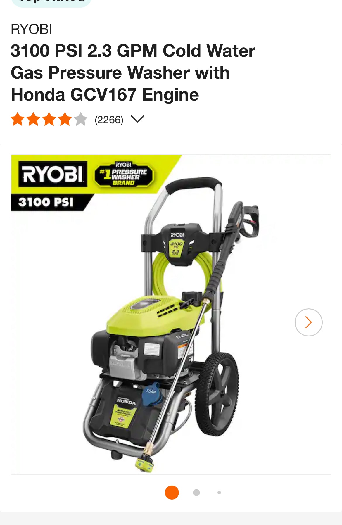 Ryobi 3100 psi 2.3 Gm Coldwater pressure washer New