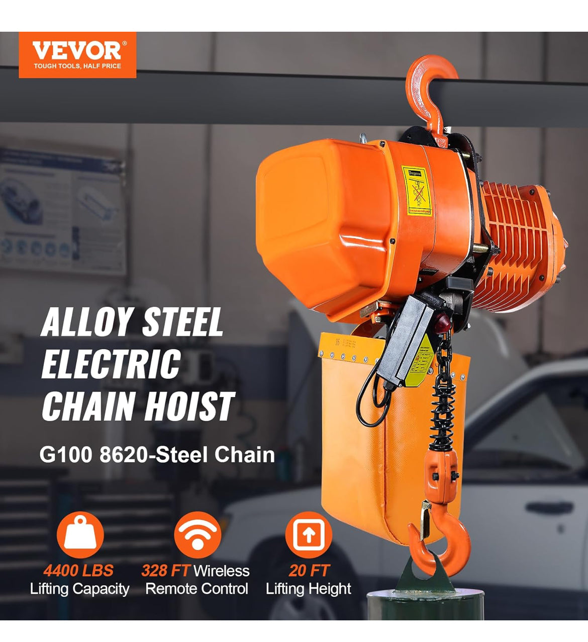 VEVOR 4400 LBS Wireless Electric Chain Hoist, 2 Ton Capacity with 20 FT Lifting Height, IP54 Protection, Three Phase Overhead Crane with G100 Chain New