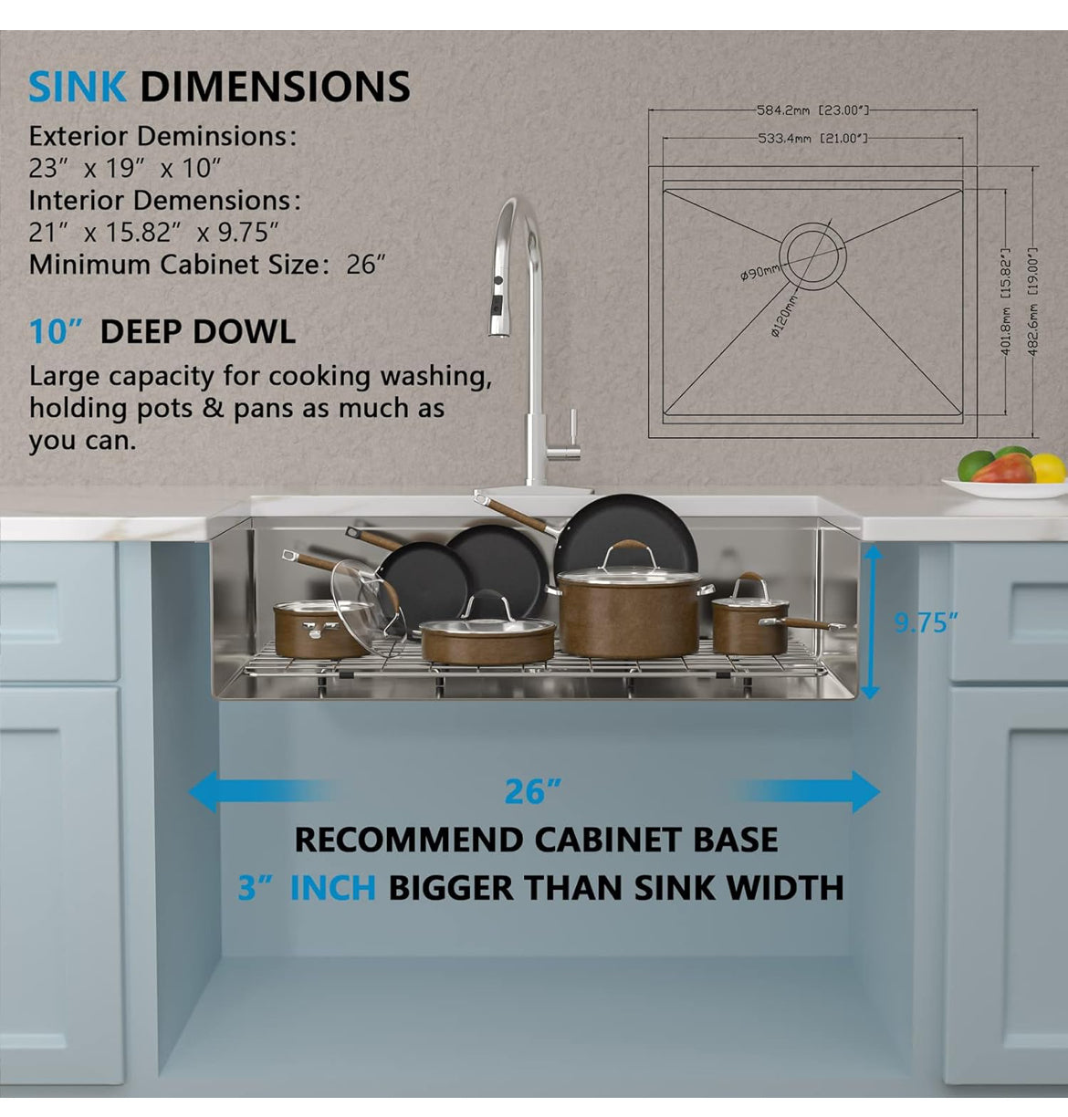 23 Undermount Bar Sink - Fulorni 23"x19" Undermount Bar Prep Kitchen Sink Workstation Stainless Steel 16 Gauge Single Bowl RV Kitchen Sink Basin