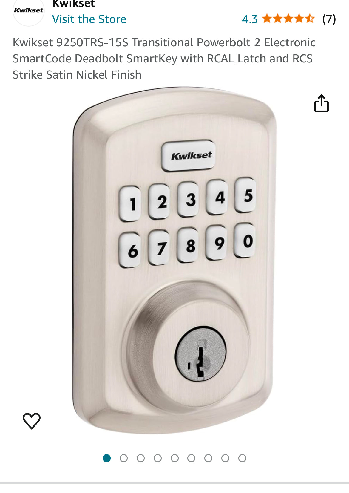 Kwikset 9250TRS-15S Transitional Powerbolt 2 Electronic SmartCode Deadbolt SmartKey with RCAL Latch and RCS Strike Satin Nickel Finish