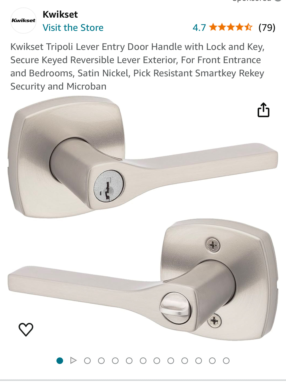 Kwikset Tripoli Lever Entry Door Handle with Lock and Key, Secure Keyed Reversible Lever Exterior, For Front Entrance and Bedrooms, Satin Nickel, Pick Resistant Smartkey Rekey Security and Microban