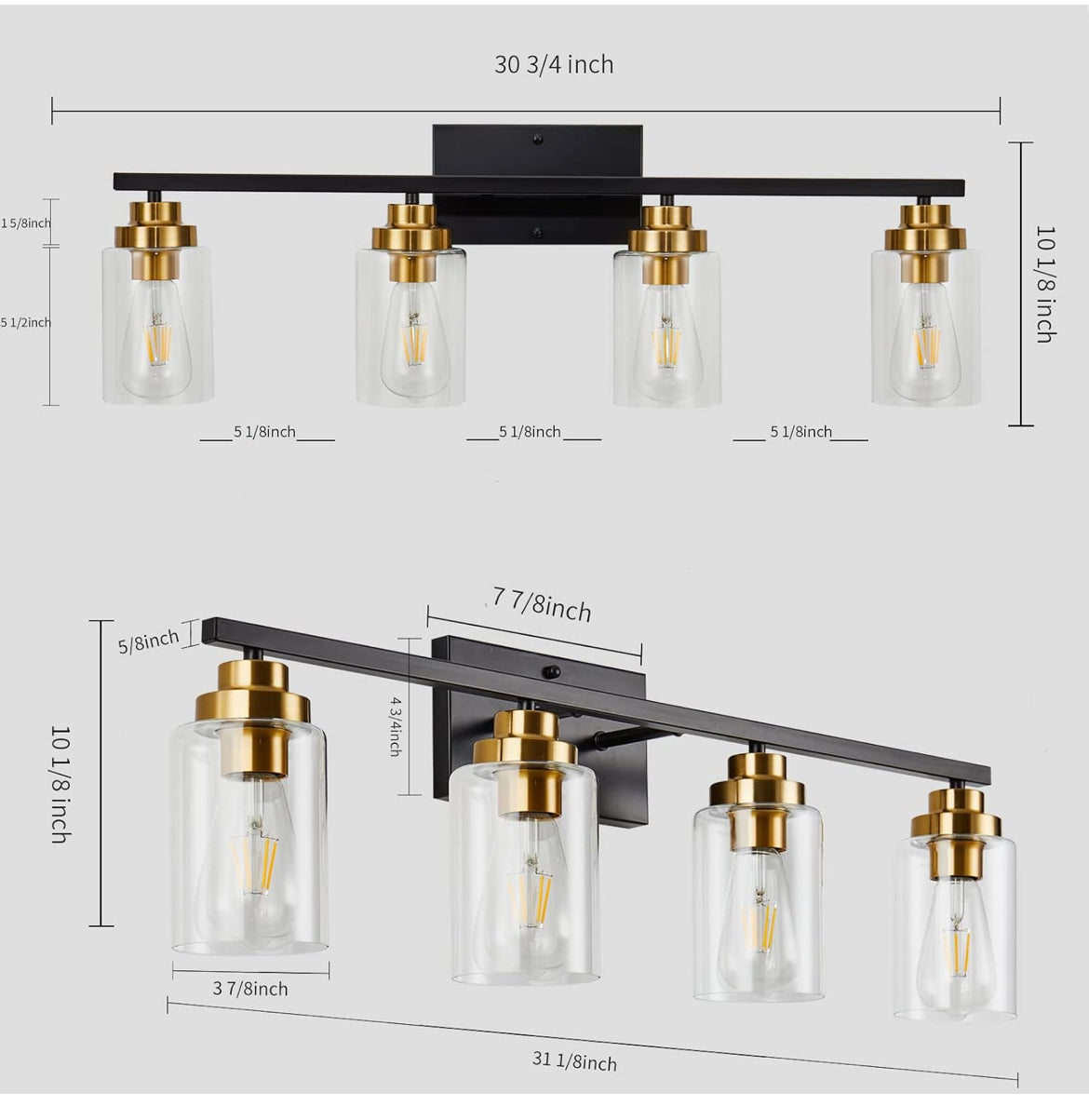 4 Lights Bathroom Vanity Light, Classic Bathroom Light Fixture Over Mirror, Matte Black and Gold Shades Indoor Wall Lights | Clear Glass Modern Lampshade for Sink, Mirror & Foyer Corridor