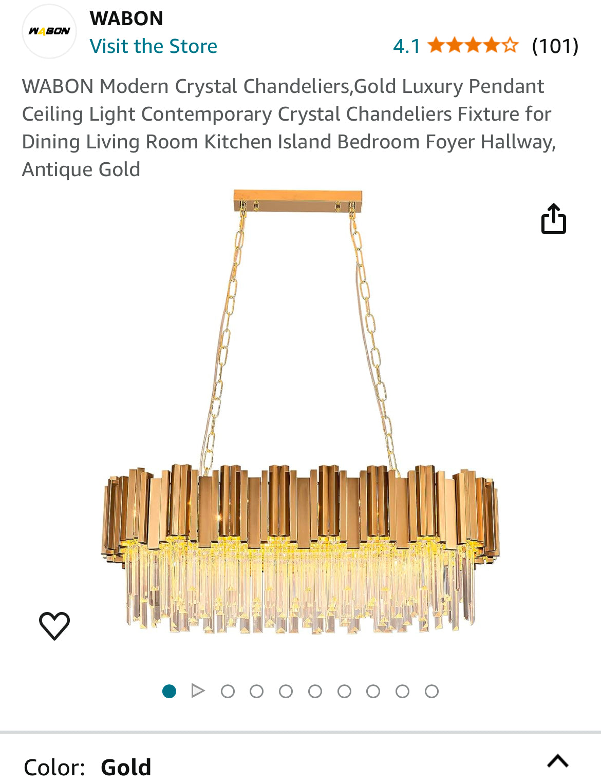 WABON Modern Crystal Chandeliers,Gold Luxury Pendant Ceiling Light Contemporary Crystal Chandeliers Fixture for Dining Living Room Kitchen Island Bedroom Foyer Hallway, Antique Gold New