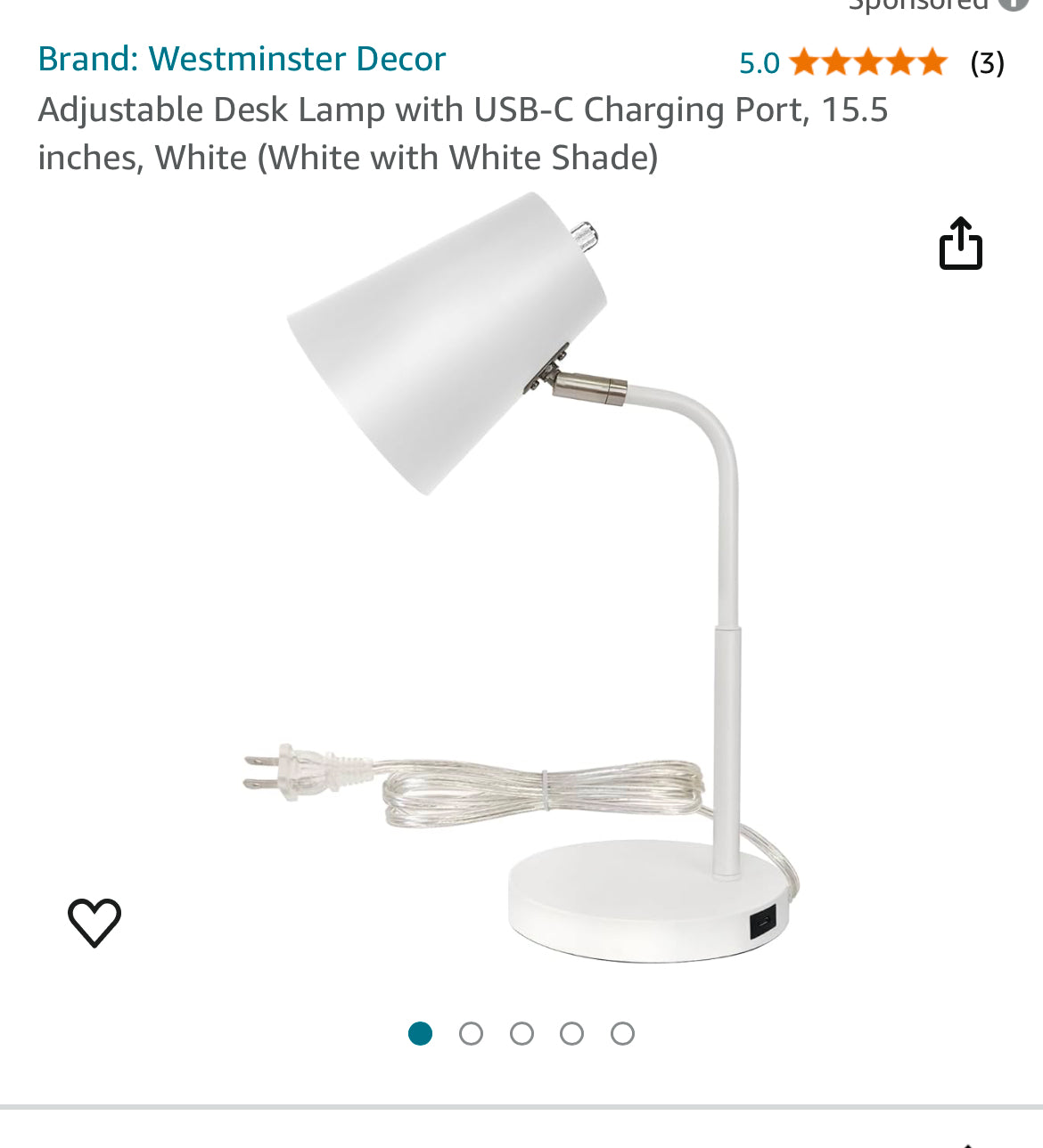 Adjustable Desk Lamp with USB-C Charging Port, 15.5 inches