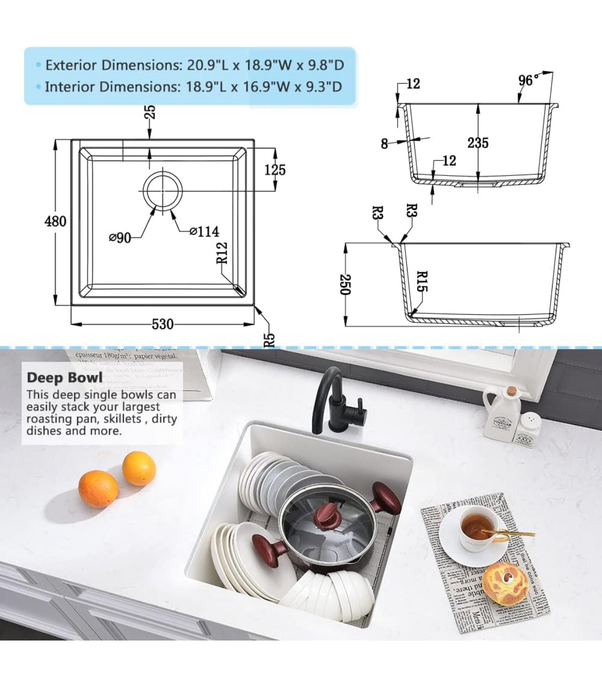 21 Inch White Undermount Bar Sink - VASOYO 21"x19" White Kitchen Sink Undermount Wet Bar Prep Kitchen Sink Dual Mount Granite Kitchen Sink Single Bowl Bar Sinks