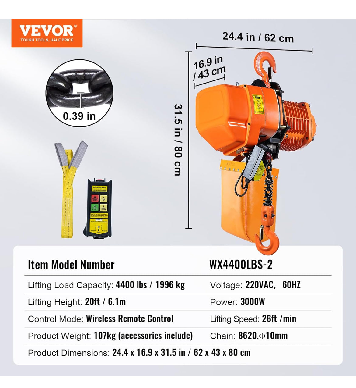 VEVOR 4400 LBS Wireless Electric Chain Hoist, 2 Ton Capacity with 20 FT Lifting Height, IP54 Protection, Three Phase Overhead Crane with G100 Chain New