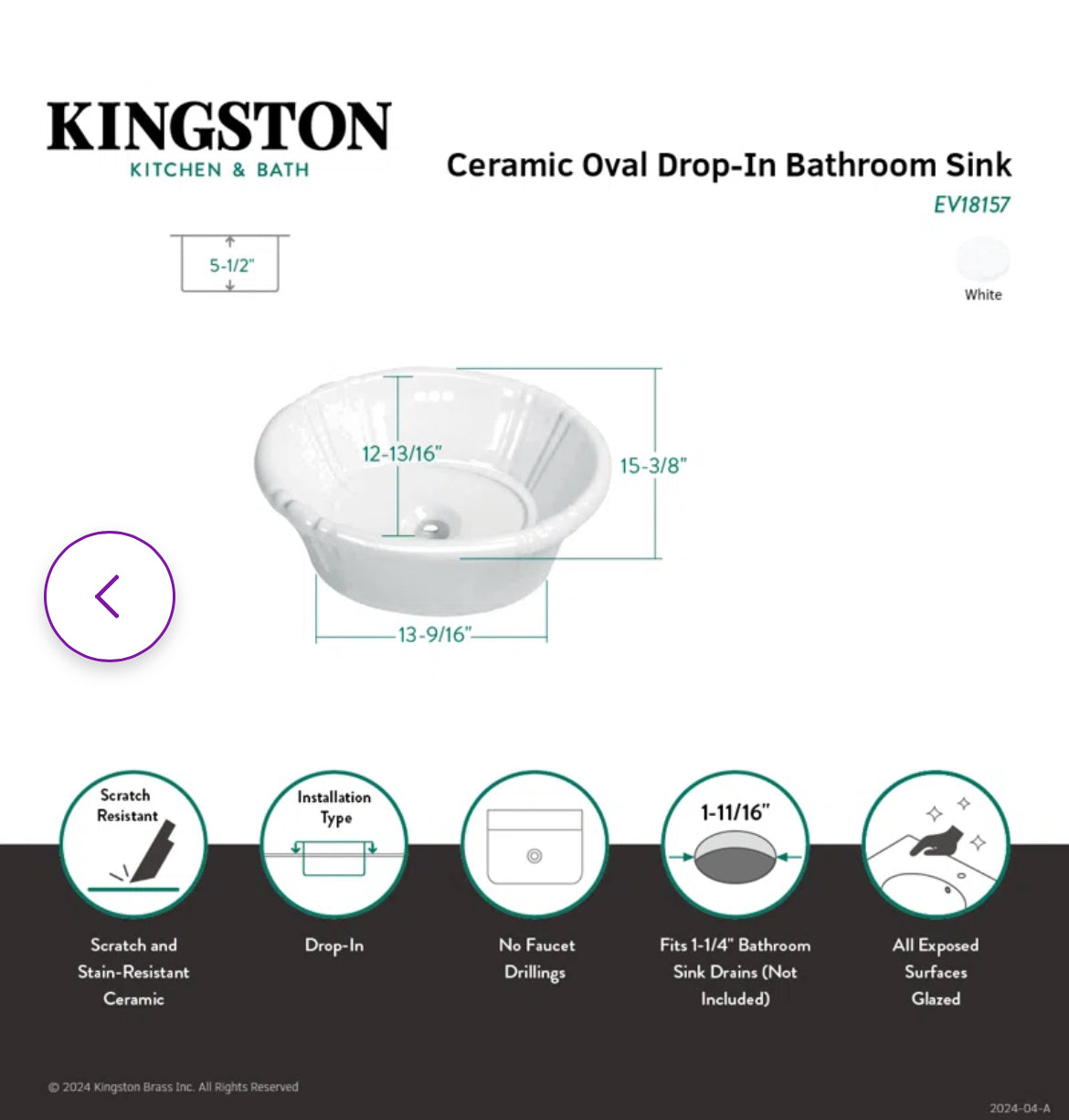 EV18157 Kingston Brass Vintage Ceramic Oval Single Bowl Drop-In Sink