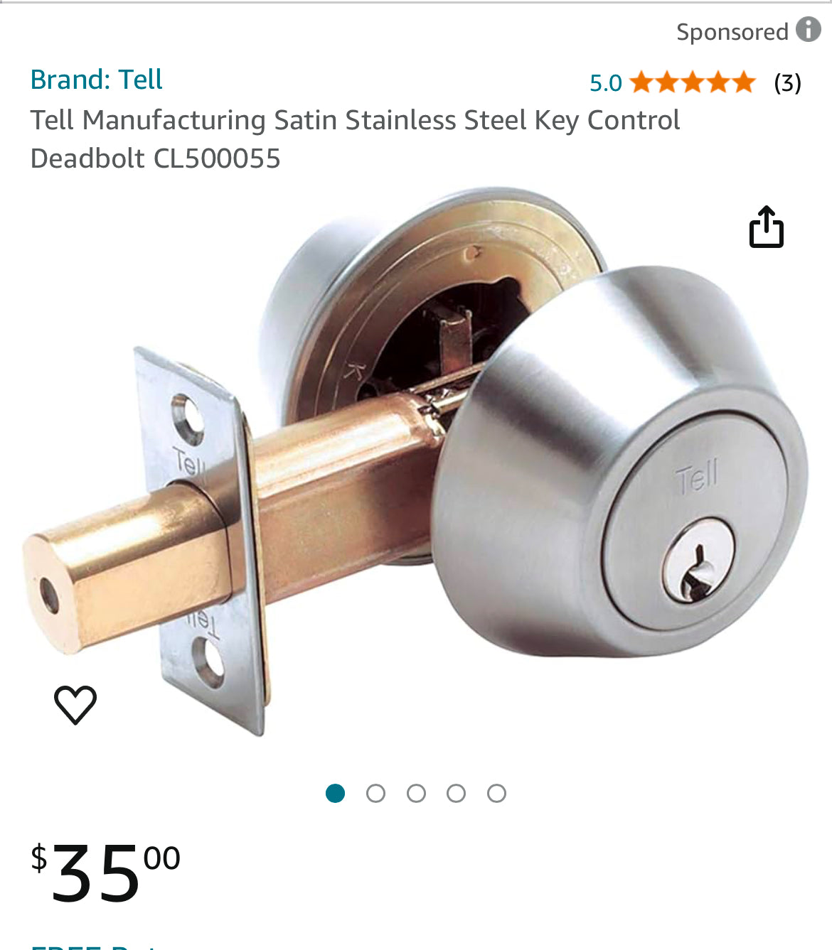 Tell Manufacturing Satin Stainless Steel Key Control Deadbolt CL500055