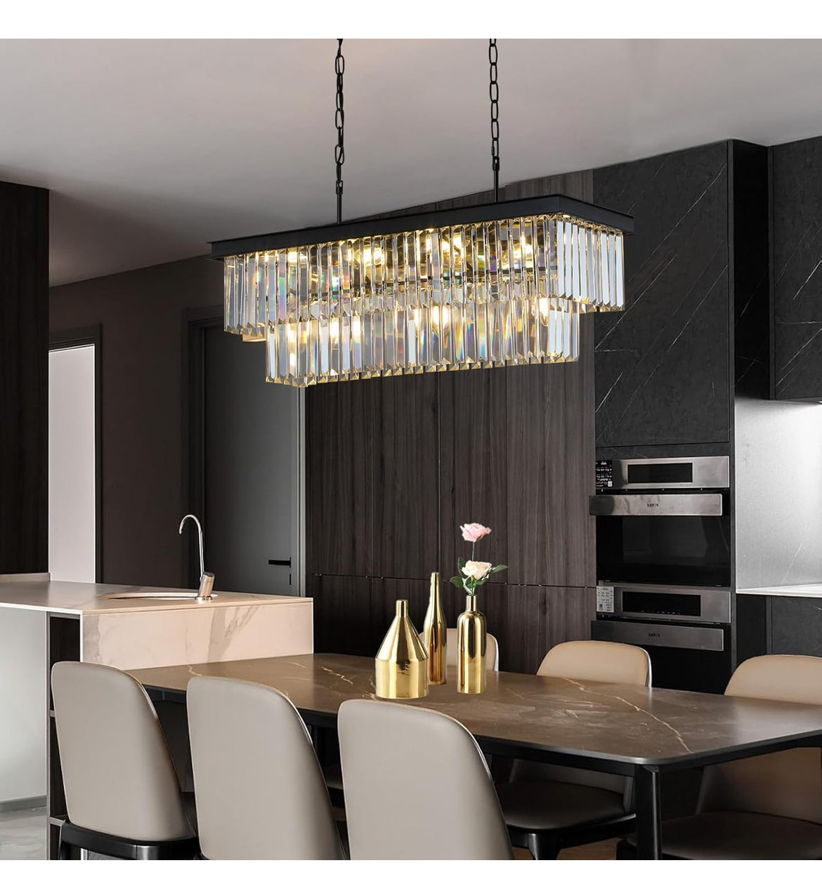 Crystal Chandeliers for Dining Room 11-Light Black Modern Chandelier Rectangle Contemporary Pendant Light Fixture for Kitchen Island Bar L33.5 Inch New