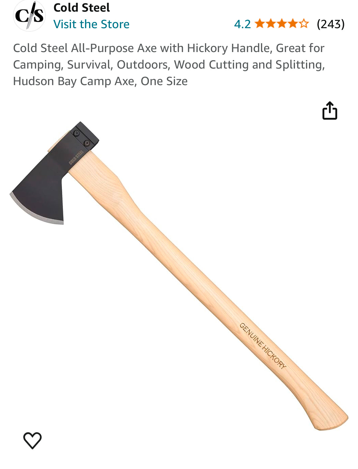 Cold Steel All-Purpose Axe with Hickory Handle, Great for Camping, Survival, Outdoors, Wood Cutting and Splitting, Hudson Bay Camp Axe, One Size