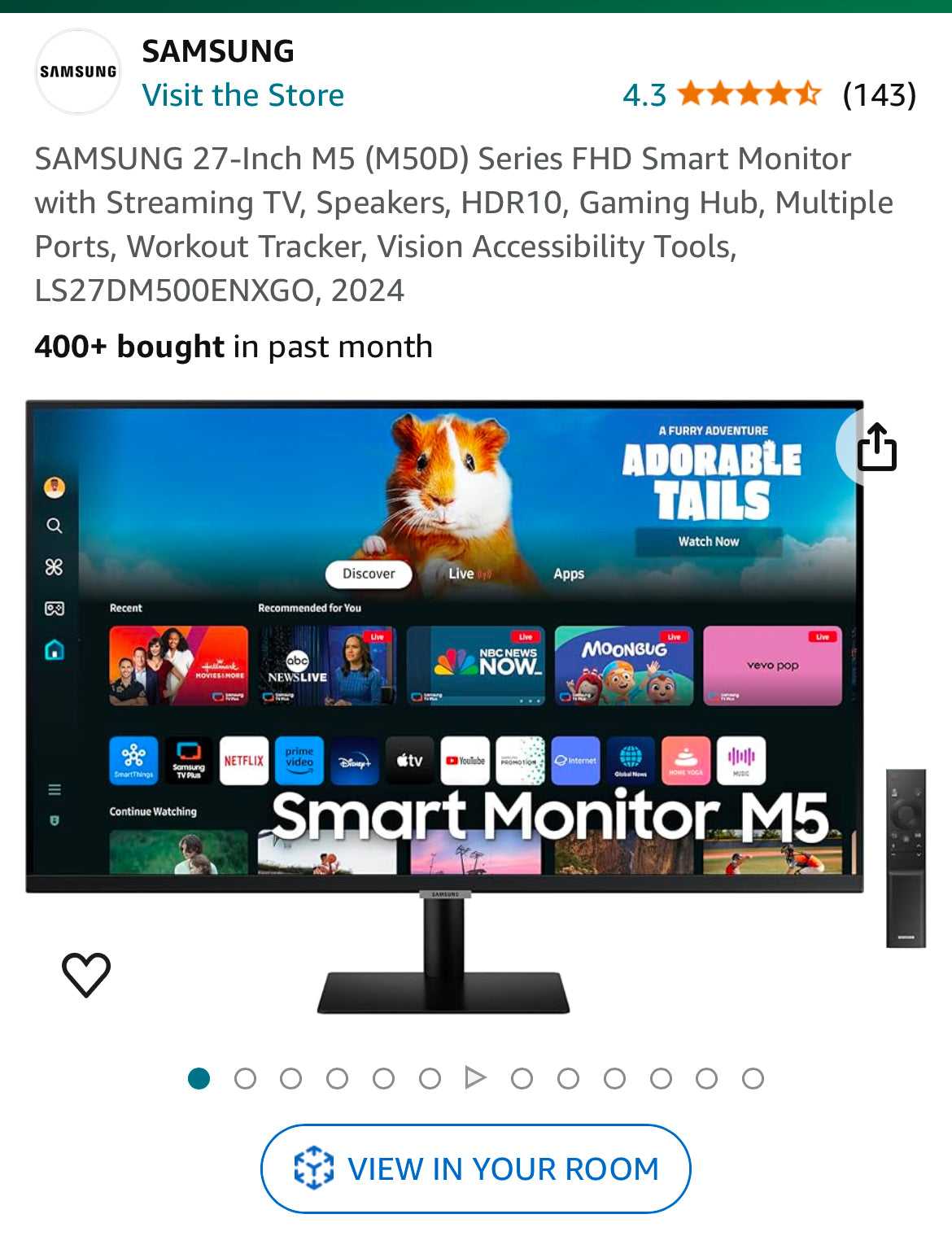 SAMSUNG 27-Inch M5 (M50D) Series FHD Smart Monitor with Streaming TV, Speakers, HDR10, Gaming Hub, Multiple Ports, Workout Tracker, Vision Accessibility Tools, LS27DM500ENXGO, 2024 New