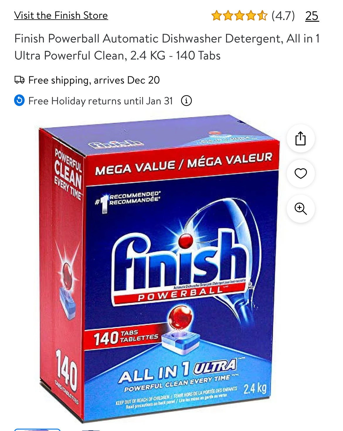 Finish Powerball Automatic Dishwasher Detergent, All in 1 Ultra Powerful Clean, 2.4 KG - 140 Tabs