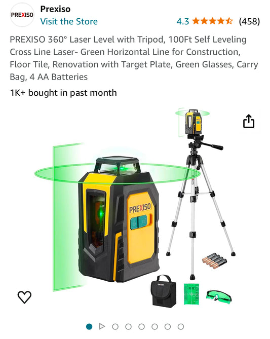 PREXISO 360° Laser Level with Tripod, 100Ft Self Leveling Cross Line Laser- Green Horizontal Line for Construction, Floor Tile, Renovation with Target Plate, Green Glasses, Carry Bag, 4 AA Batteries