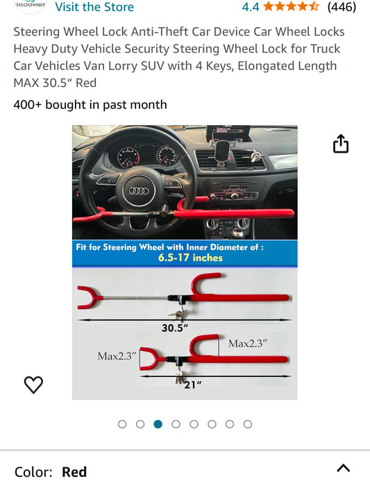 Steering Wheel Lock Anti-Theft Car Device Car Wheel Locks Heavy Duty Vehicle Security Steering Wheel Lock for Truck Car Vehicles Van Lorry SUV with 4 Keys, Elongated Length MAX 30.5“ Red