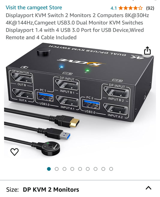 Displayport KVM Switch 2 Monitors 2 Computers 8K@30Hz 4K@144Hz,Camgeet USB3.0 Dual Monitor KVM Switches Displayport 1.4 with 4 USB 3.0 Port for USB Device,Wired Remote and 4 Cable Included New