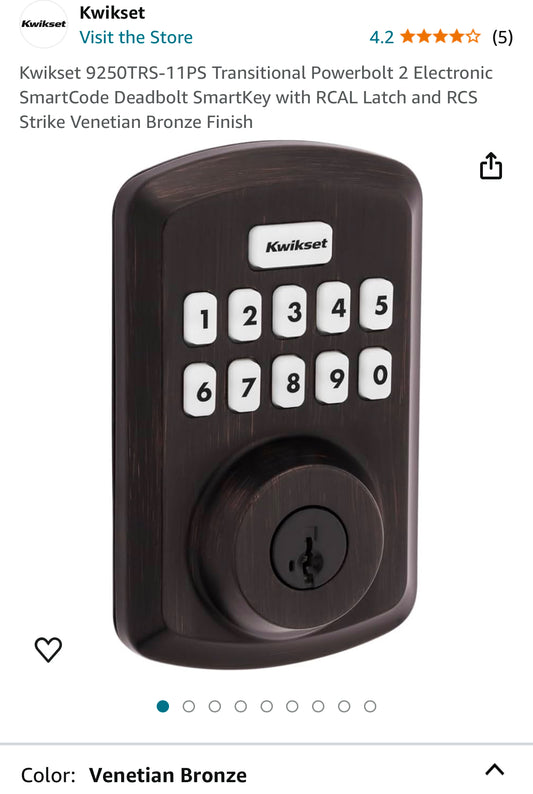 Kwikset 9250TRS-15S Transitional Powerbolt 2 Electronic SmartCode Deadbolt SmartKey with RCAL Latch and RCS Strike Bronze