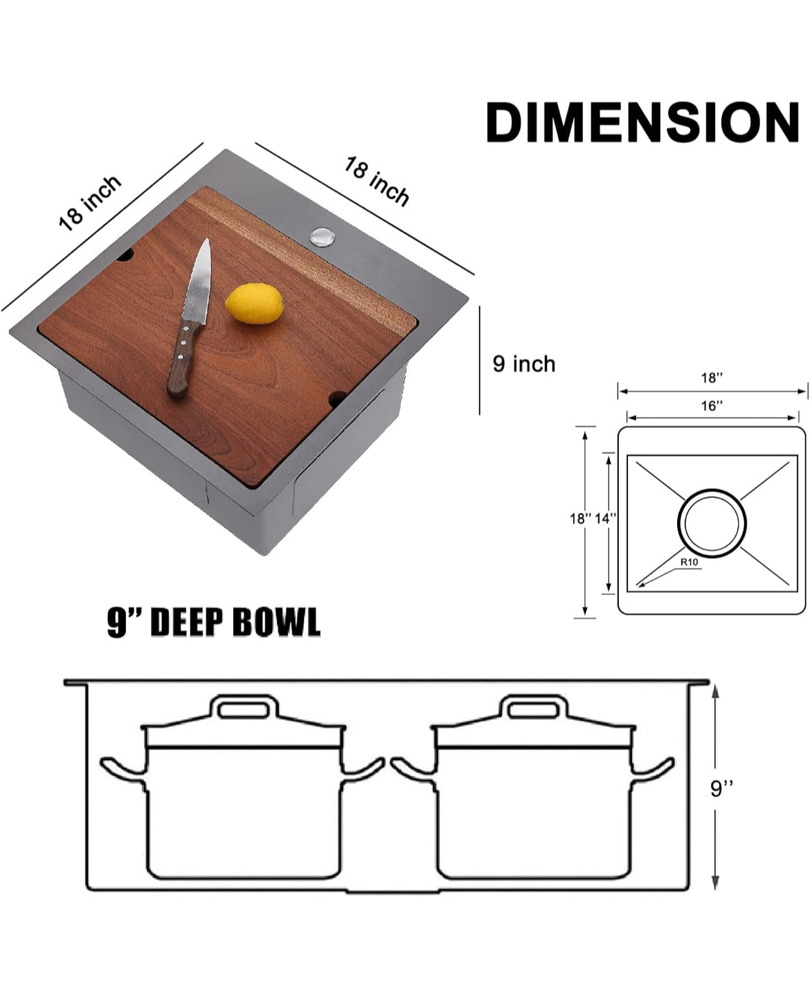 Balck Drop in Bar Sink, 18x18 Top Mount Small Kitchen Sink, 18 Inch Stainless Steel Wet Bar Prep Sink Topmount Single Bowl Workstation RV Sink with Cutting Board&Stainless Steel Grid&Strainer New