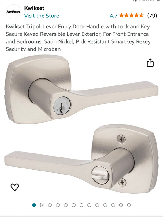 Kwikset Tripoli Lever Entry Door Handle with Lock and Key, Secure Keyed Reversible Lever Exterior, For Front Entrance and Bedrooms, Satin Nickel, Pick Resistant Smartkey Rekey Security and Microban