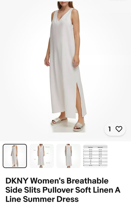 DKNY Women's Breathable Side Slits Pullover Soft Linen A Line Summer Dress Large