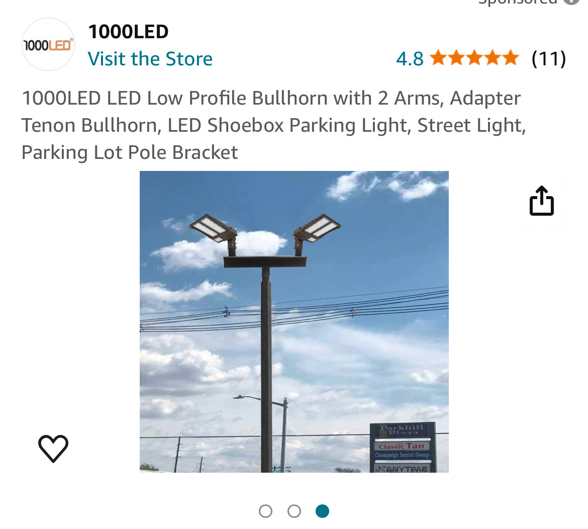 1000LED LED Low Profile Bullhorn with 2 Arms, Adapter Tenon Bullhorn, LED Shoebox Parking Light, Street Light, Parking Lot Pole Bracket