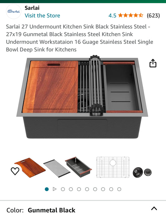 Sarlai 27 Undermount Kitchen Sink Black Stainless Steel - 27x19 Gunmetal Black Stainless Steel Kitchen Sink Undermount Workstataion 16 Guage Stainless Steel Single Bowl Deep Sink for Kitchens