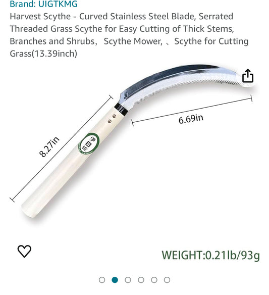 UIGTKMG Harvest Scythe - Curved Stainless Steel Blade, Serrated Threaded Grass Scythe for Easy Cutting of Thick Stems, Branches and Shrubs，Scythe Mower, 、Scythe for Cutting Grass(13.39inch)