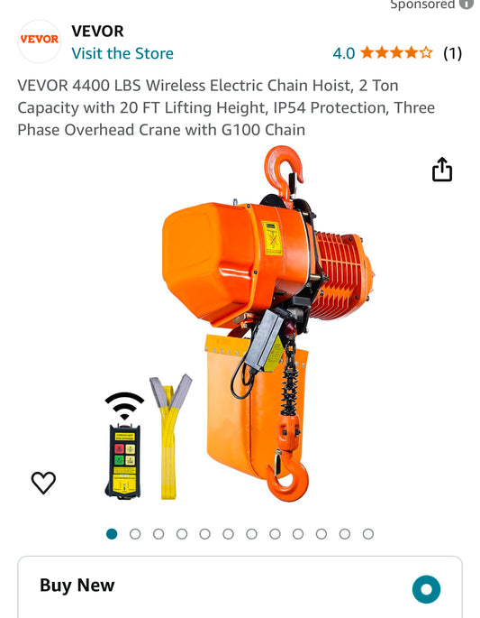 VEVOR 4400 LBS Wireless Electric Chain Hoist, 2 Ton Capacity with 20 FT Lifting Height, IP54 Protection, Three Phase Overhead Crane with G100 Chain New