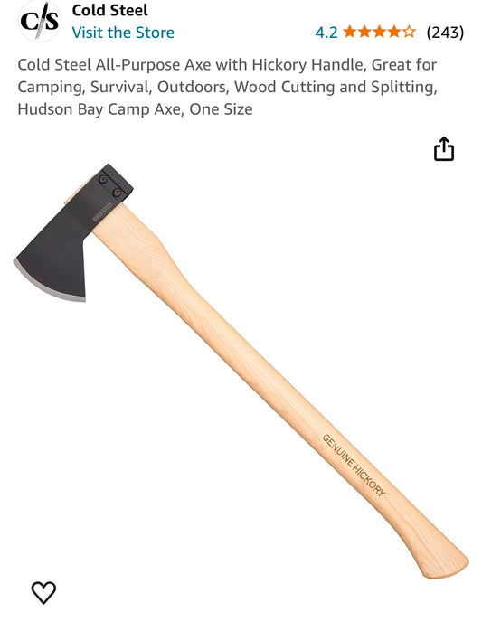 Cold Steel All-Purpose Axe with Hickory Handle, Great for Camping, Survival, Outdoors, Wood Cutting and Splitting, Hudson Bay Camp Axe, One Size