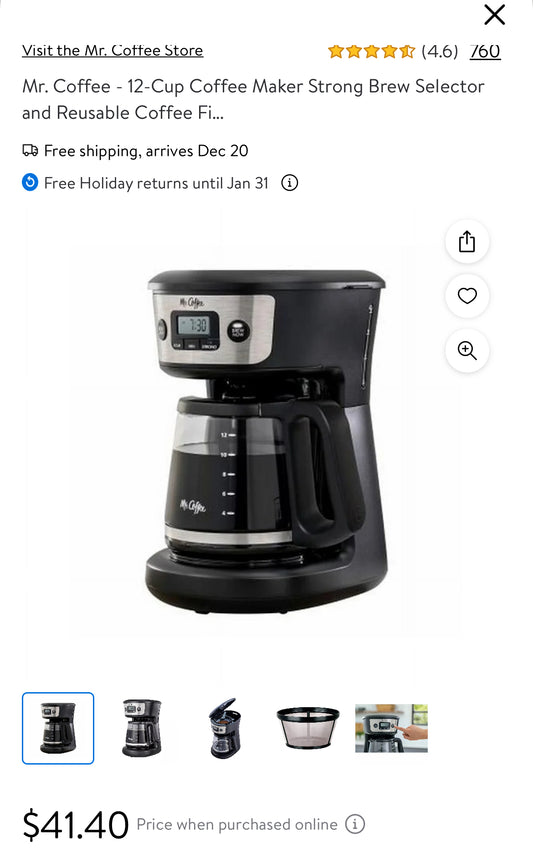 Mr. Coffee - 12-Cup Coffee Maker Strong Brew Selector and Reusable Coffee Filter